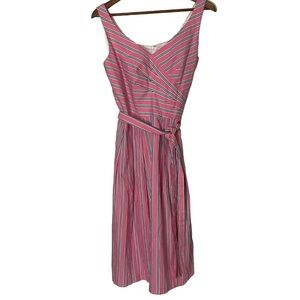 Talbots preppy pink, navy, white striped wrap-style dress with waist tie; Sz 10.